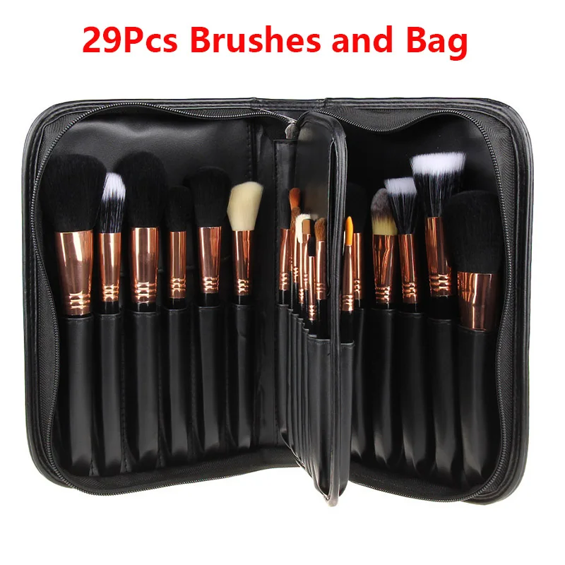 29pc brushes and bag AiceBeu 29 шт. Роскошный натуральный конь козья шерсть макияж набор кисточек для теней порошок макияж набор косметических принадлежностей профессиональный основа - Handle Color: 29pc brushes and bag