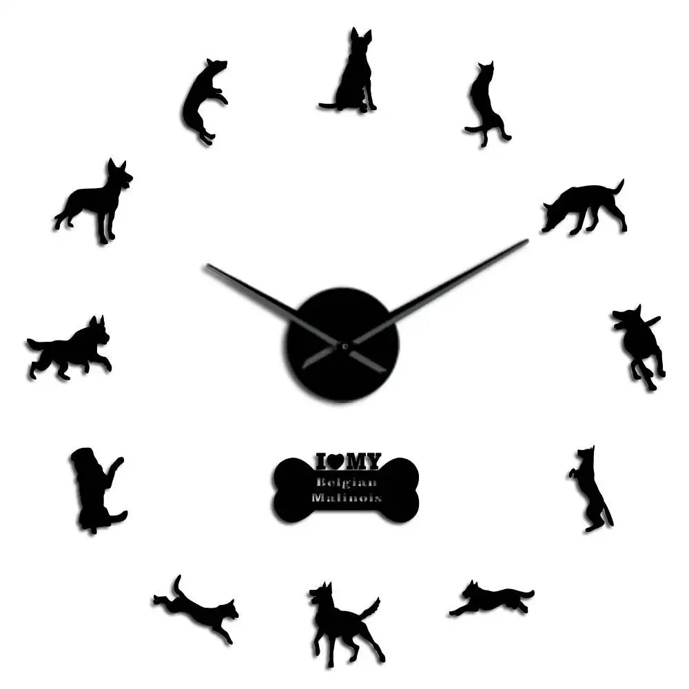 Black K9 безопасности собака бельгийский Malinois знак Современный 3D DIY настенные часы Бельгийская овчарка креативное шоу с зеркалом эффект наклейки часы - Цвет: Black