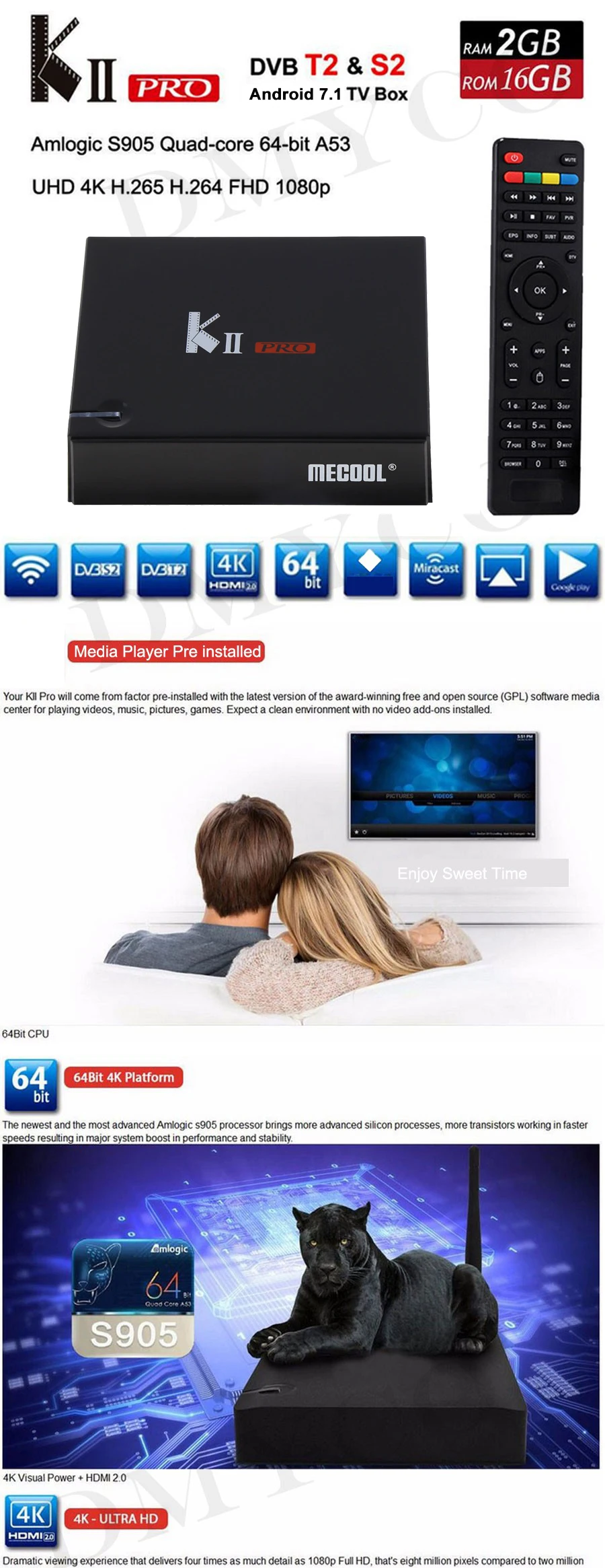 Mecool Smart tv BOX DVB-T2 DVB-S2 Android tv приём медиаплеер Amlogic S905D 2 Гб 16 Гб H.265 WiFi Испания смарт-приставка KII Pro