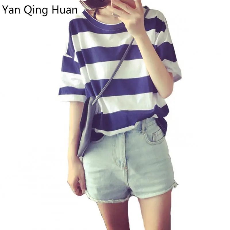 Ян Цин Хуан 2019 летние новые полосатые футболки карамельных цветов Корейская версия свободные топы большого размера женские футболки с рукавами Ян Цин Хуан 2019 летние новые полосатые футболки карамельных цветов Корейская версия свободные топы большого размера женские футболки с рукавами
