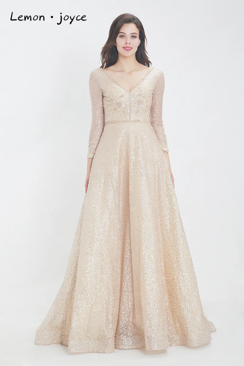Lemon joyce Champagne Evening Dresses Long Sleeves for Women Sexy V-neck Backless A-line Prom Gowns robe de soiree