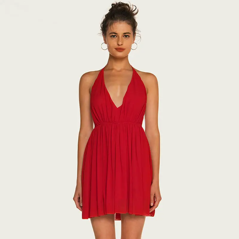 Сексуальное летнее однотонное шифоновое короткое платье мини с лямкой на
