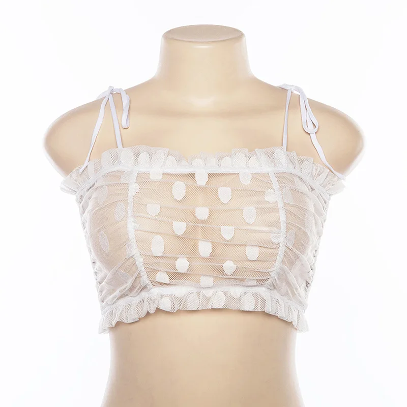 Эффектные прозрачные сетчатые топики в горошек Boho топ без рукавов с открытой