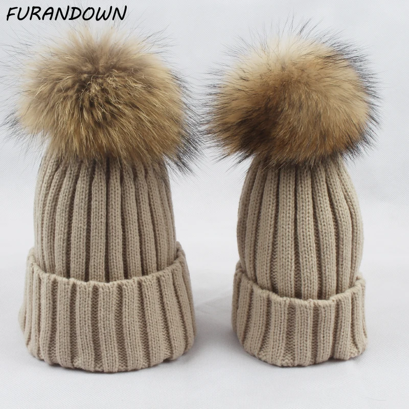 

Parent-child Winter Beanie Baby Hat Children Real Raccoon Fur Pompom Hats For Kids Women Girl Cap Skullies