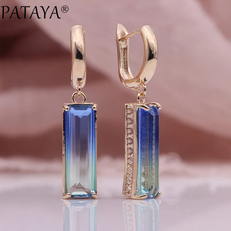 

PATAYA New Gradient Blue Long Earrings Women Fashion Luxury Jewelry 585 Rose Gold Color Tourmaline Zircon Square Dangle Earrings