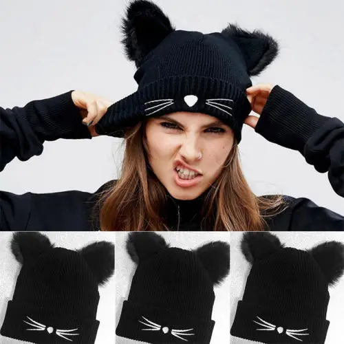 Winter Women Cute Cat Ear Knitting Hat Harajuku Woolen Beanie Crochet Braided Knit Ski WoolCap Knitted Fur Cap Baby Girls | Детская