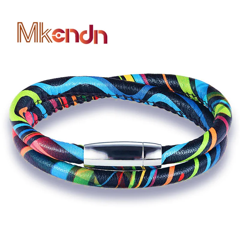 MKENDN новый модный Радужный кожаный браслет для отдыха ретро многослойный