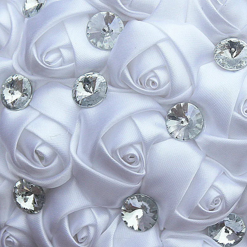 Белый сатин розы Букеты Свадебные камень алмаз Royal Blue Ribbon Искусственные цветы de Mariage букет ramos de Овия W323-2