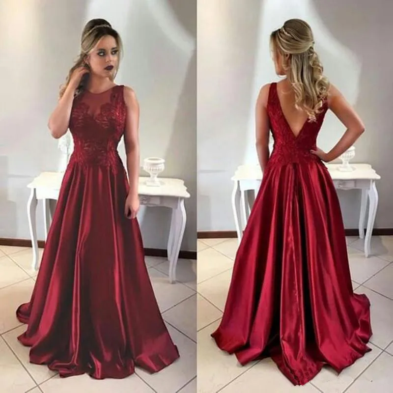 

Burgundy evening dresses long A line Sexy open back modest lace red carpet dresses robes de soiree dresses party evening gowns