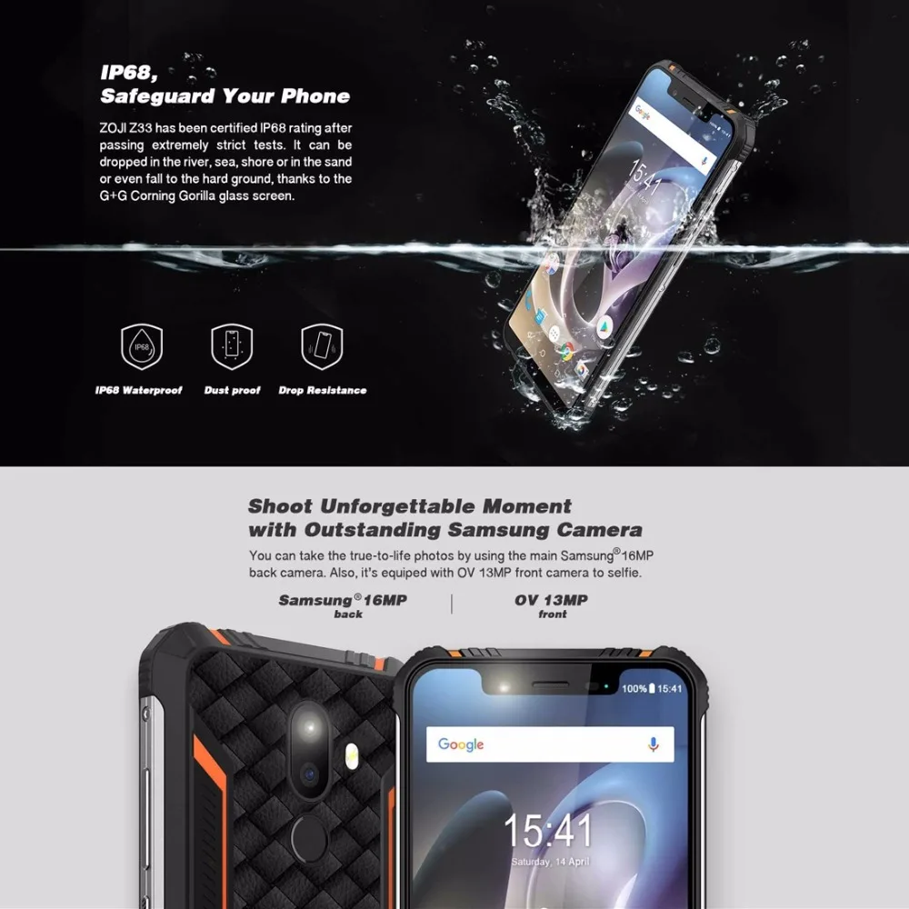 HOMTOM зоджи Z33 мобильного телефона IP68 Водонепроницаемый 5 85 &quotполный Экран MTK6739 4