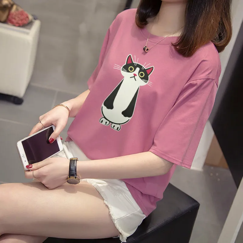 T-shirt female short-sleeved summer 2019 new printing cotton casual fashion loose thin slimming large size women's shirt | Женская