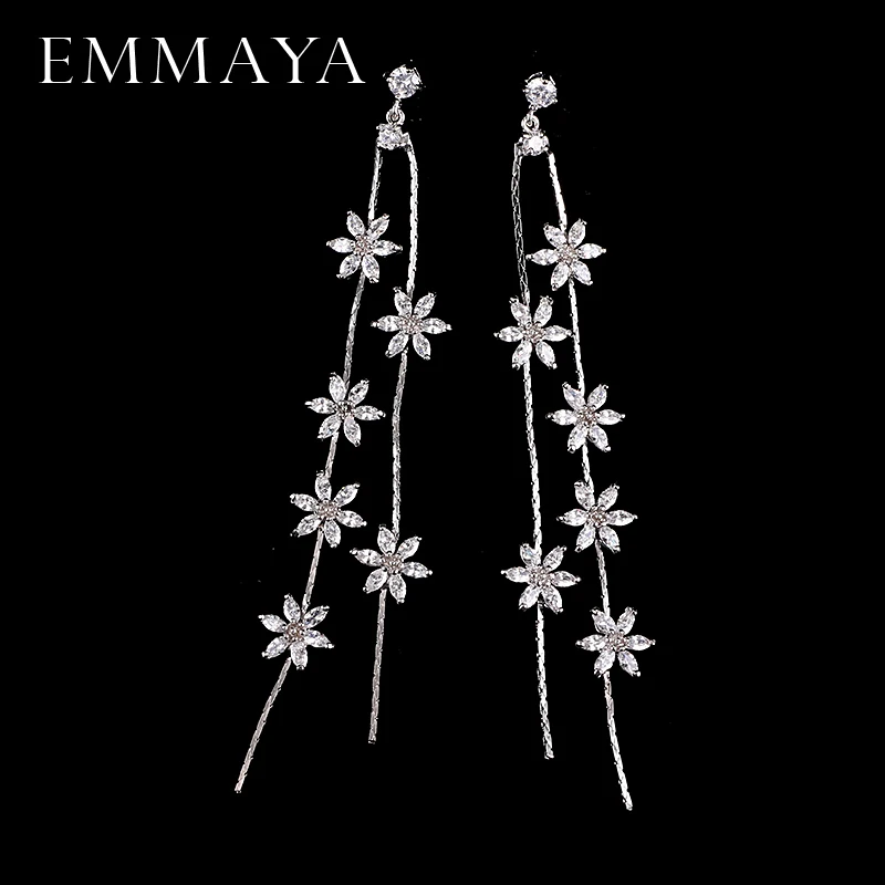 

Новые длинные серьги EMMAYA, модные серьги-подвески белого и золотого цвета с цветочным кубическим цирконием, бусинами и кисточками для женщин...