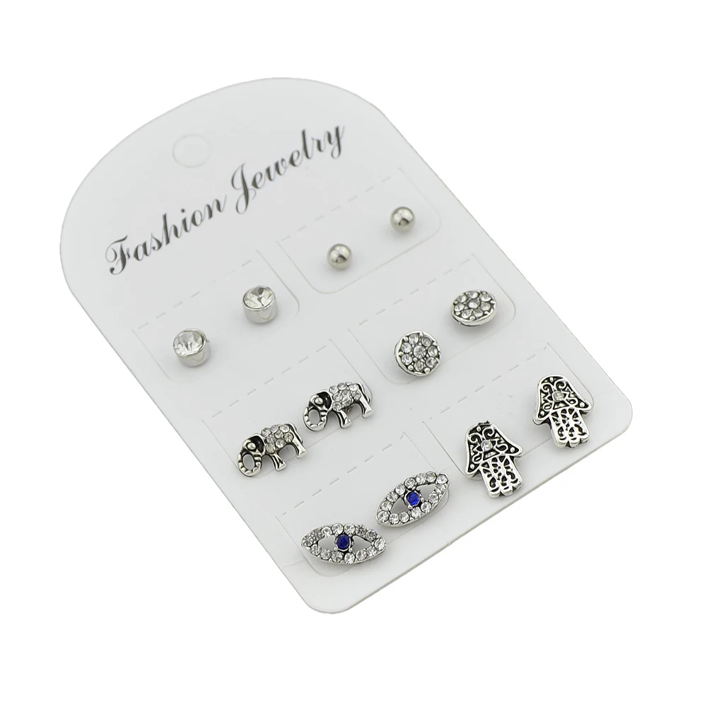 6 пар/компл. Rhinestone Золотая Цвет серебро слон руку рисунком глаз Серьги гвоздики