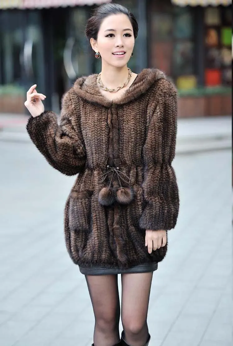 100% европейская норковая шуба с капюшоном Длинная вязаная из натурального меха