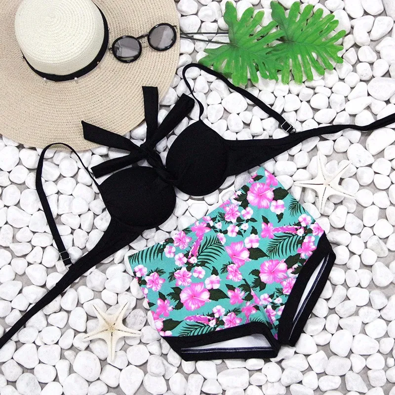 Купальный костюм с высокой талией 2019 бикини женская одежда для плавания принт