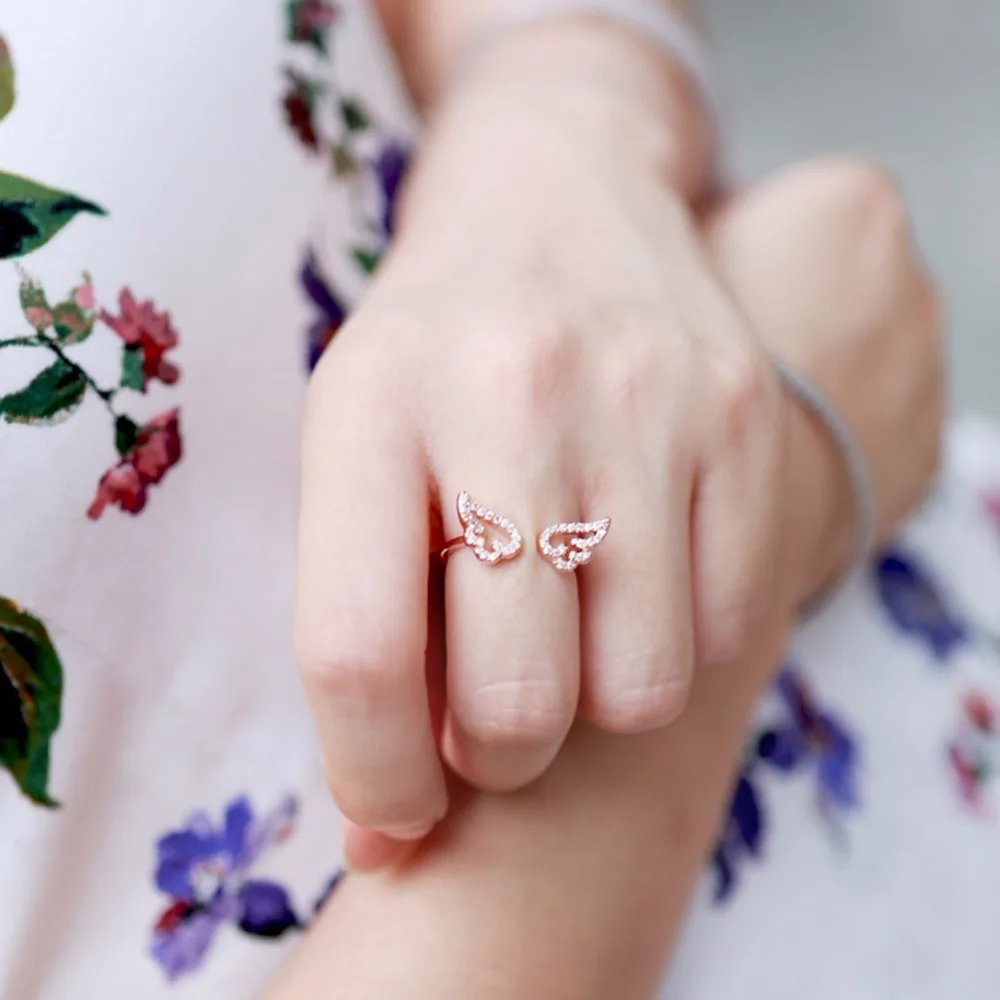 Trendy Rose Gold Rhinestone Zirconia Angel Wings Ring Finger Index Joint Open Rings | Украшения и аксессуары