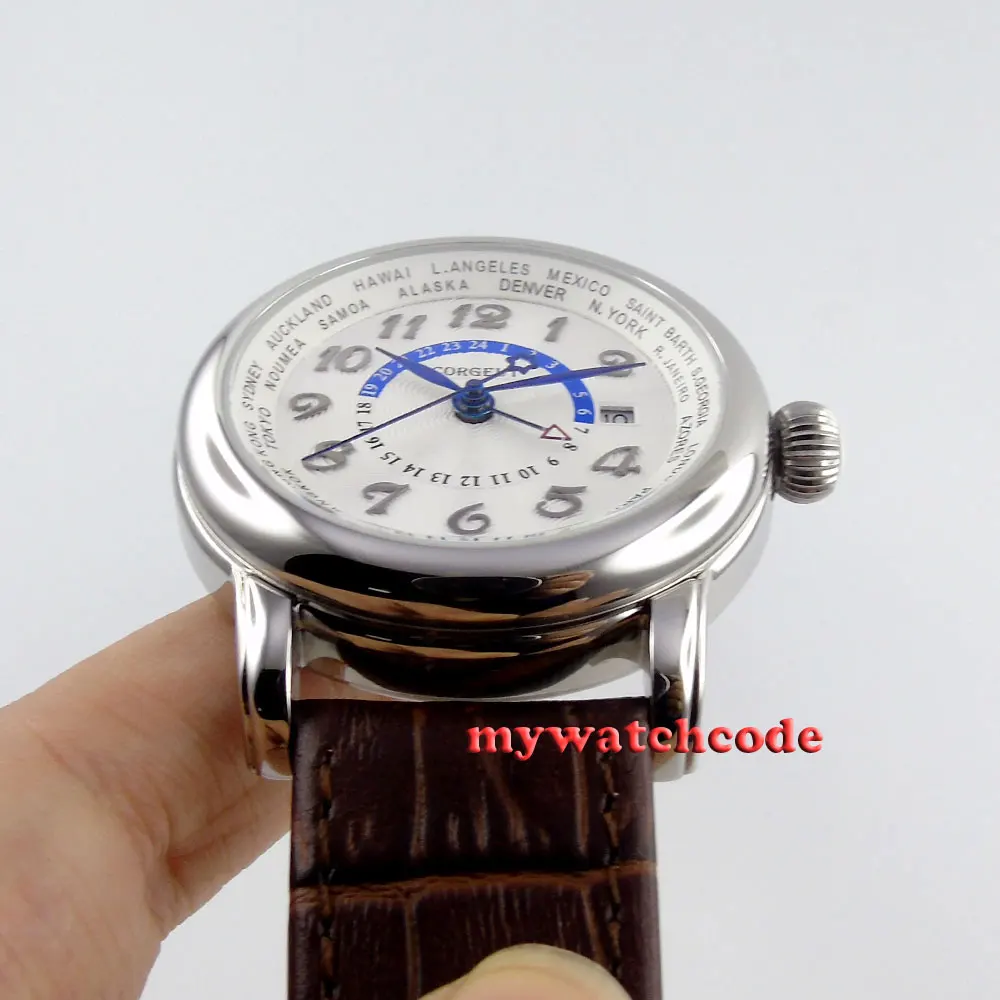 Автоматические Мужские и женские часы 43 мм с белым циферблатом синим GMT окошком