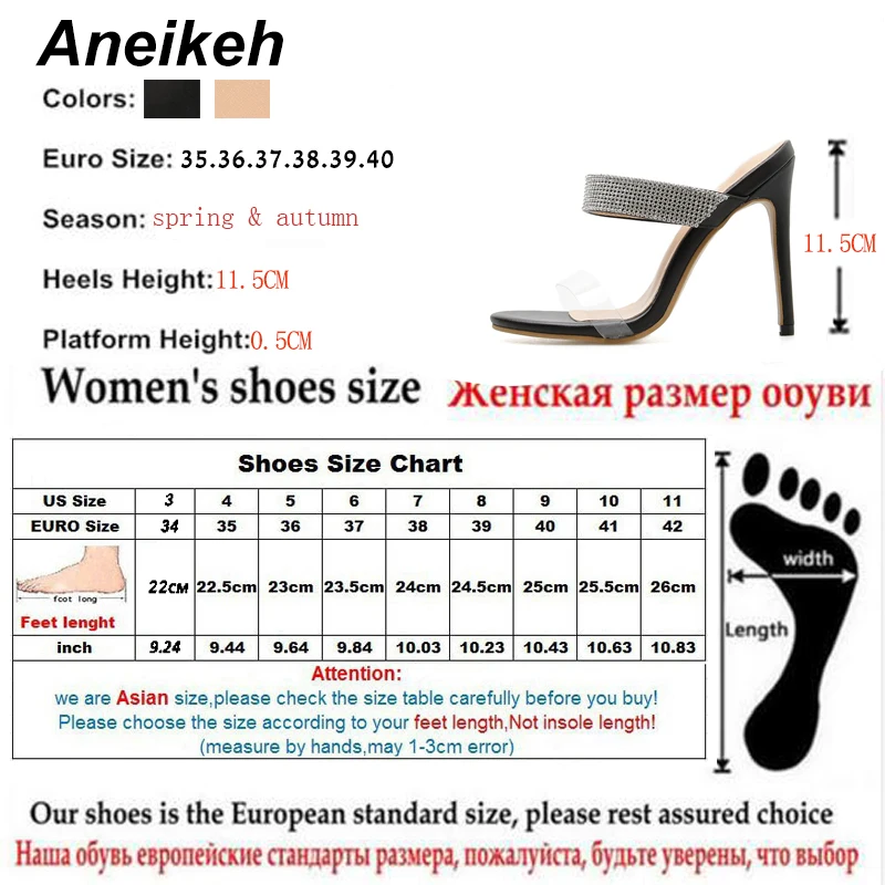 Aneikeh/ Летняя мода ПВХ Для женщин шлёпанцы для женщин прозрачные, со стразами, с открытым носком, без шнуровки, высокий тонкий каблук, черного и абрикосового цвета для офиса размер 40