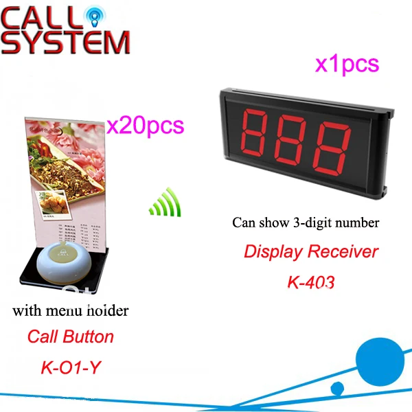 

Настольная система звонка K-403 + O1-Y + H для ресторана 1 шт. кнопка вызова 1 ключ и 20 шт. 3-значный дисплей Бесплатная доставка
