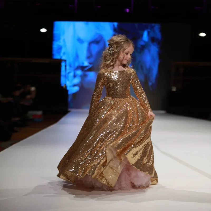 Golden sequin dress princess children clothing stage dance show costume kids ball gowns for proms long sleeve party evening club | Детская