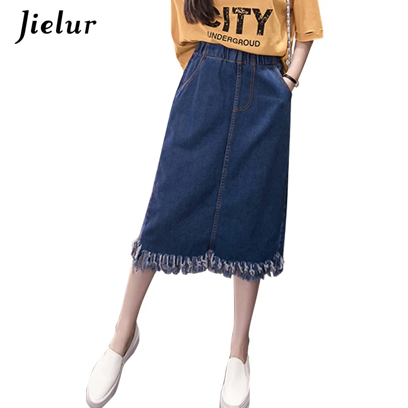 Jielur Новые Карманы синие женские джинсовые юбки с кисточками свободный
