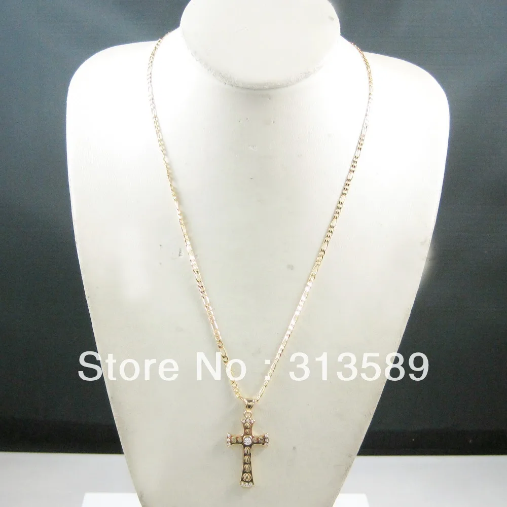 Min order 10$ - YELLOW GOLD GP PLTED 24&quot 1by 3 FIGARO CHAIN NECKLACE&ampJESUS CROSS CZ STONE ON THE MIDDLE PENDANT Crucifix | Украшения