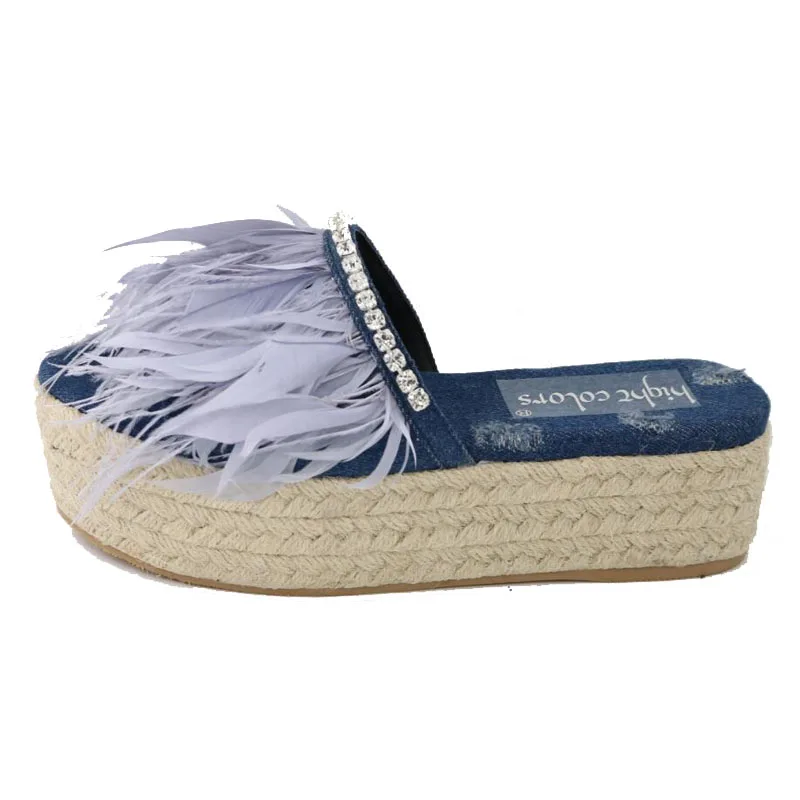 Женские шлепанцы на толстой подошве синие джинсовые с кристаллами и перьями мюли