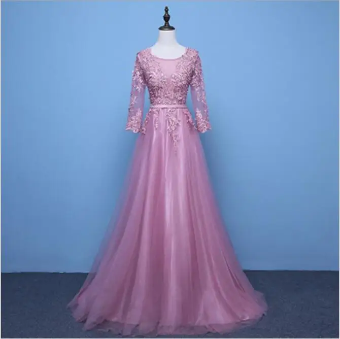 Modabelle серые платья для выпускного вечера Robe Soiree Manche Longue A-Line Тюль Аппликации сексуальное торжественное платье Robe De Bal Longue - Цвет: Розовый