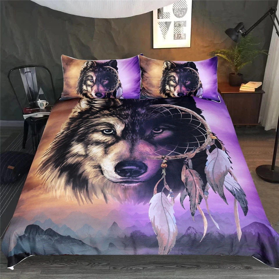 

Drop Shipping 3D Digital Wolf Bedding Set With Dreamcatcher Duvet Cover 3D Mountains Scenery Purple Brown Bedclothes