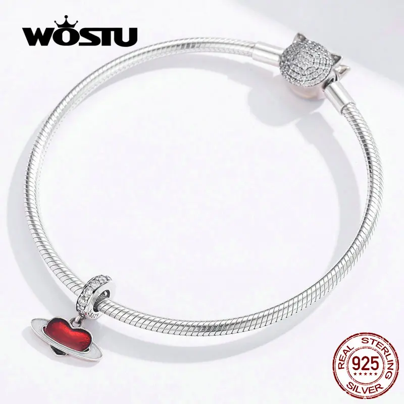 WOSTU сердце планеты болтается очарование 925 пробы серебро Красная эмаль CZ Бусины