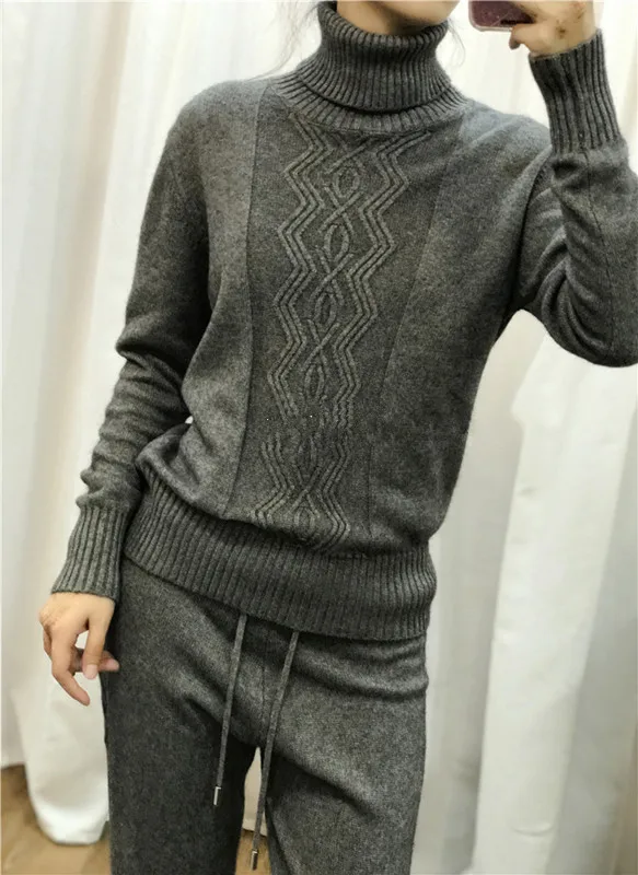

2020 Tracksuits Real Cashmere Wool Full Women Two Sets Of New High-necked Mink Knitted Sweater And Trousers Casual Fashion Tow
