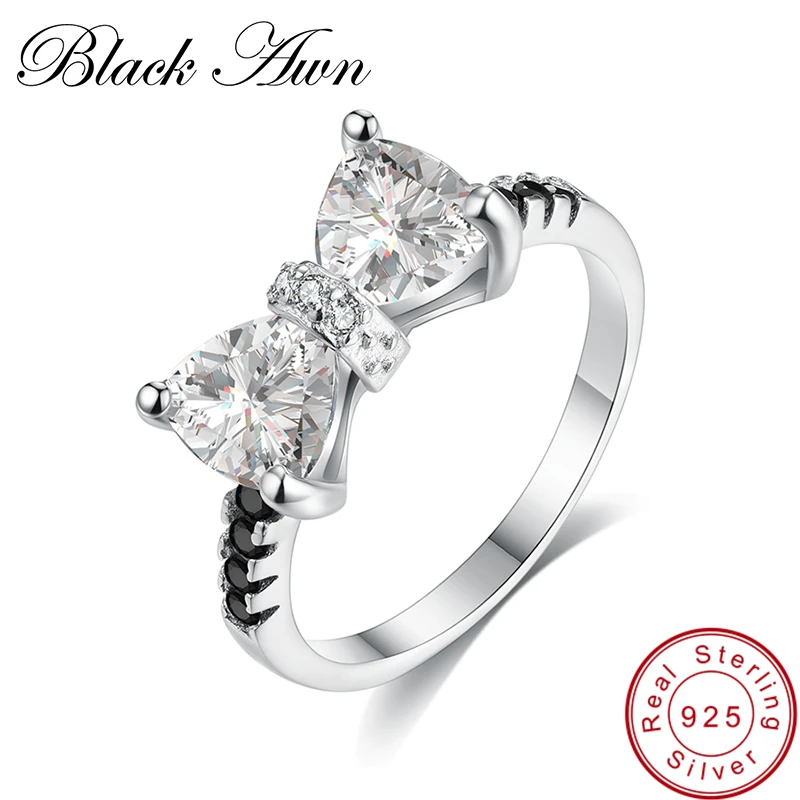 

[BLACK AWN] Genuine 925 Sterling Silver Jewelry Wedding Rings for Women Butterfly Knot Black&White Stone Ring C285