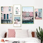 Венеция синее море розовый дом пейзаж настенная живопись холст скандинавские плакаты и принты настенные картины для гостиной настенный Декор