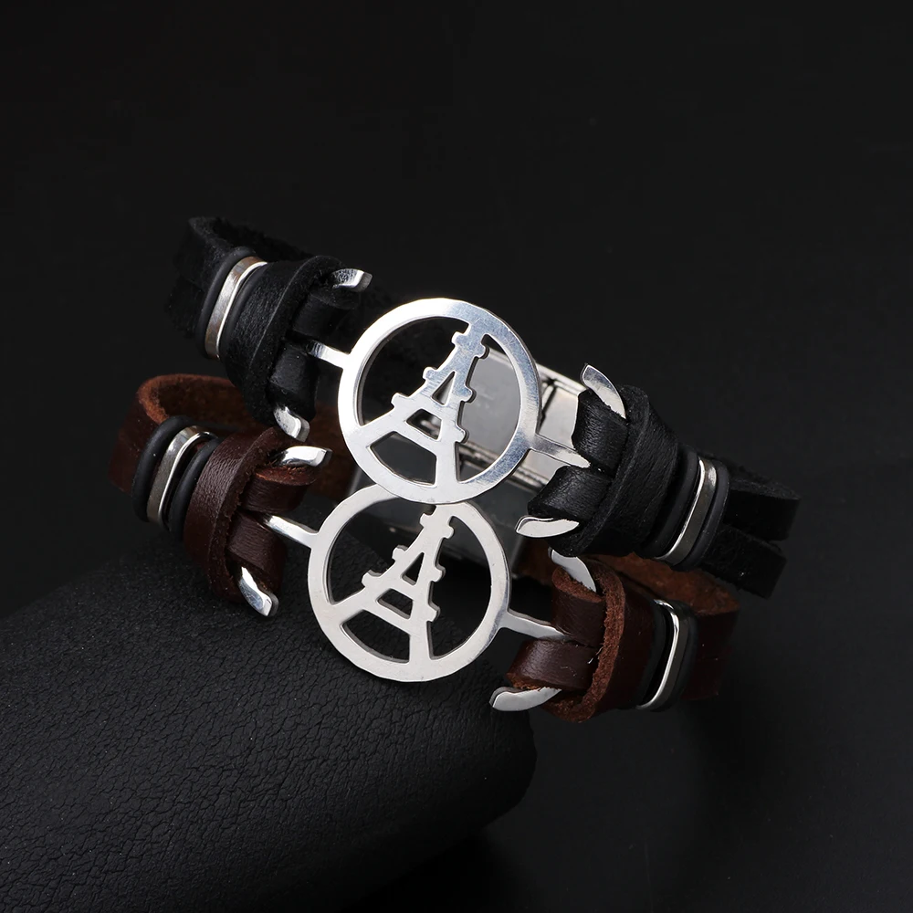 Paris Eiffel Tower Design Stainless Steel Charm Genuine Leather Cuff Bracelets &amp Bangles Women Men Casual Jewelry femme | Украшения и