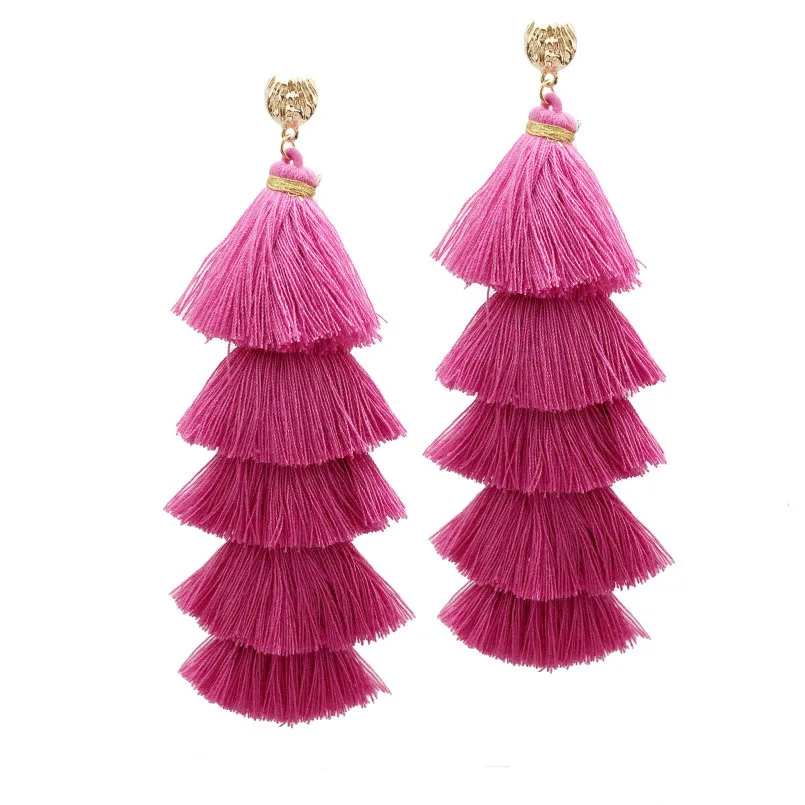 Pink MANILAI богемные 5 Слоистых хлопковых кисточек серьги Модные ювелирные изделия широкая бахрома Висячие длинные серьги для женщин - Окраска металла: Pink