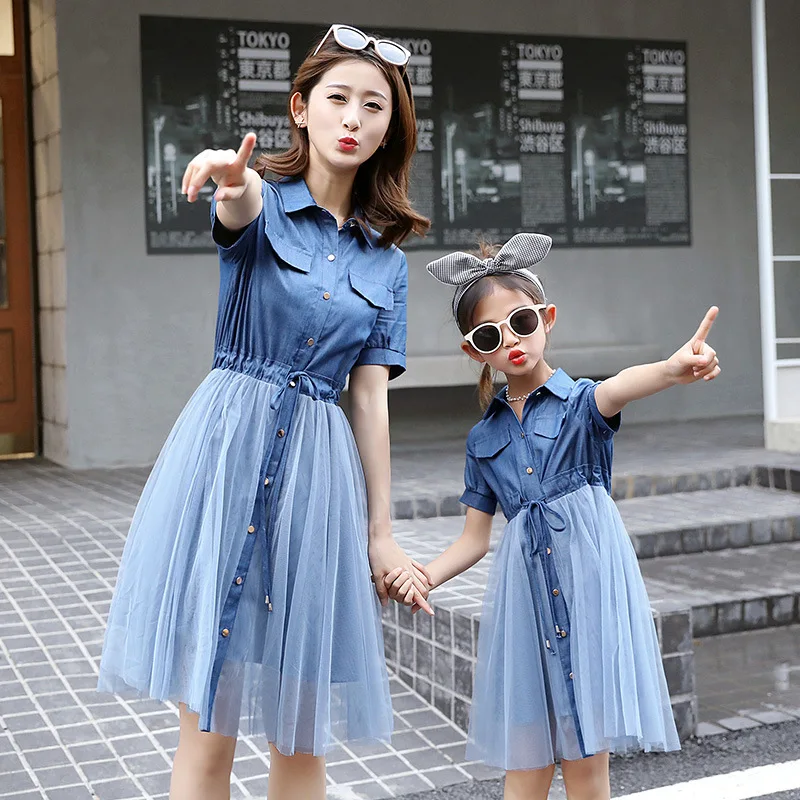 

WLG family matching clothes mother and daughter dresses denim blue mesh patchwork casual dress mommy and me dress