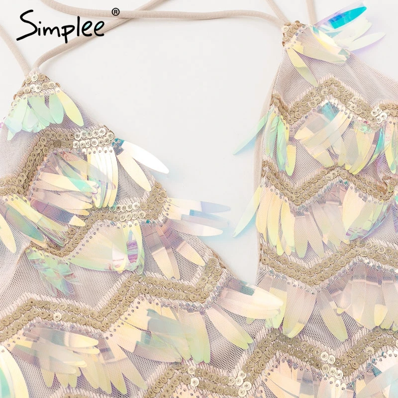 Simplee Холтер V образным вырезом сетки блесток платье в полоску пикантные