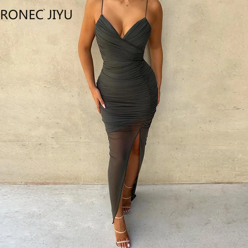 Женщины Спагетти ремень сетки Ruched щелевой платье Bodycon платье|Женские платья| |