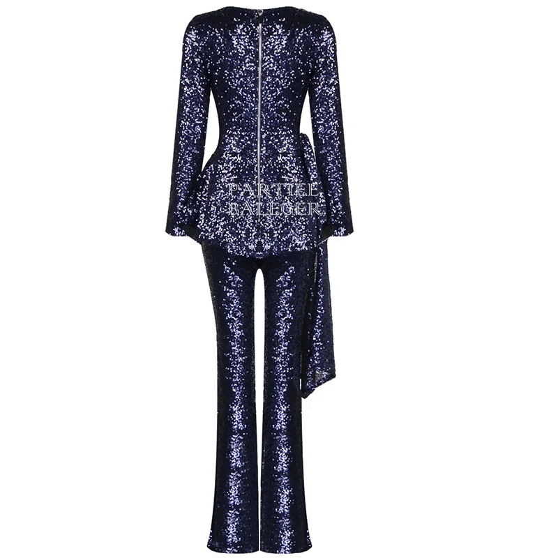 2019 Hot New Arrival Purple Jumpsuit Elegant Ruffles Design Sequins Embellished Long Sleeves O Neck Celebrity Party | Женская одежда