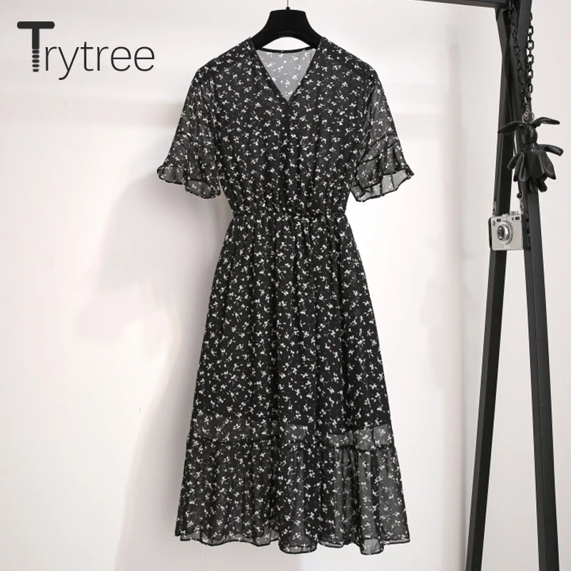Trytree/летнее повседневное платье женское с цветочным принтом v образным вырезом