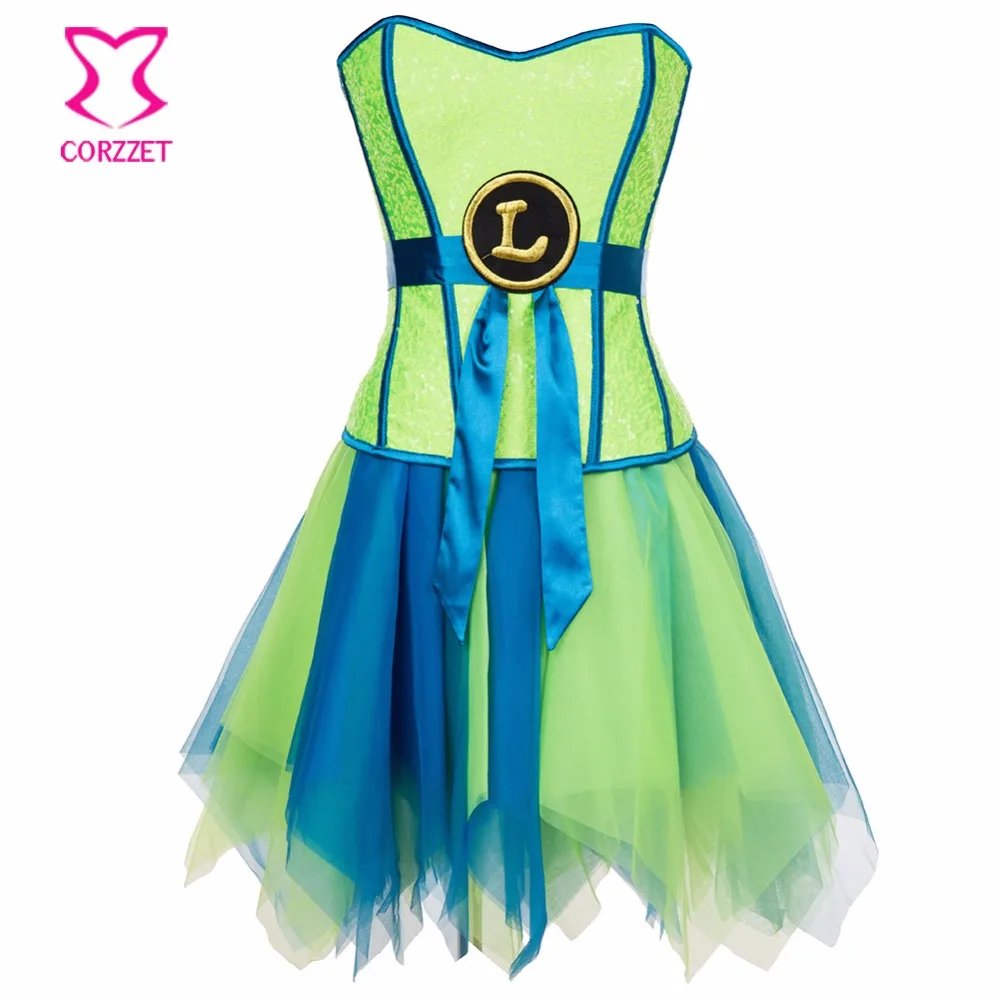 Burlesque Green Lantern Supergirl Corset Dress Sequin Bustier Top and Skirt Outfits Korsett For Women Sexy Gothic Dresses