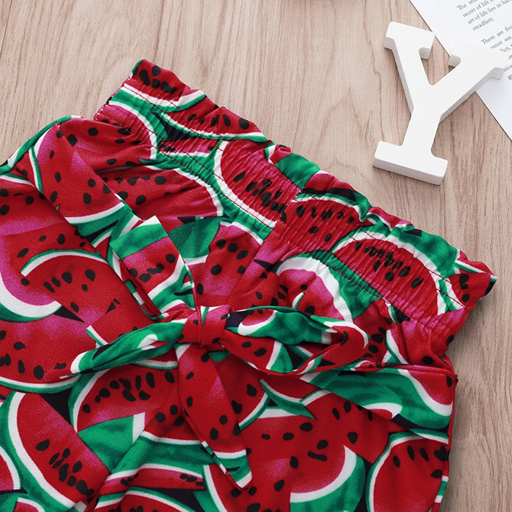 Комплект из 2 предметов красный укороченный топ с принтом арбуза штаны бантиком и