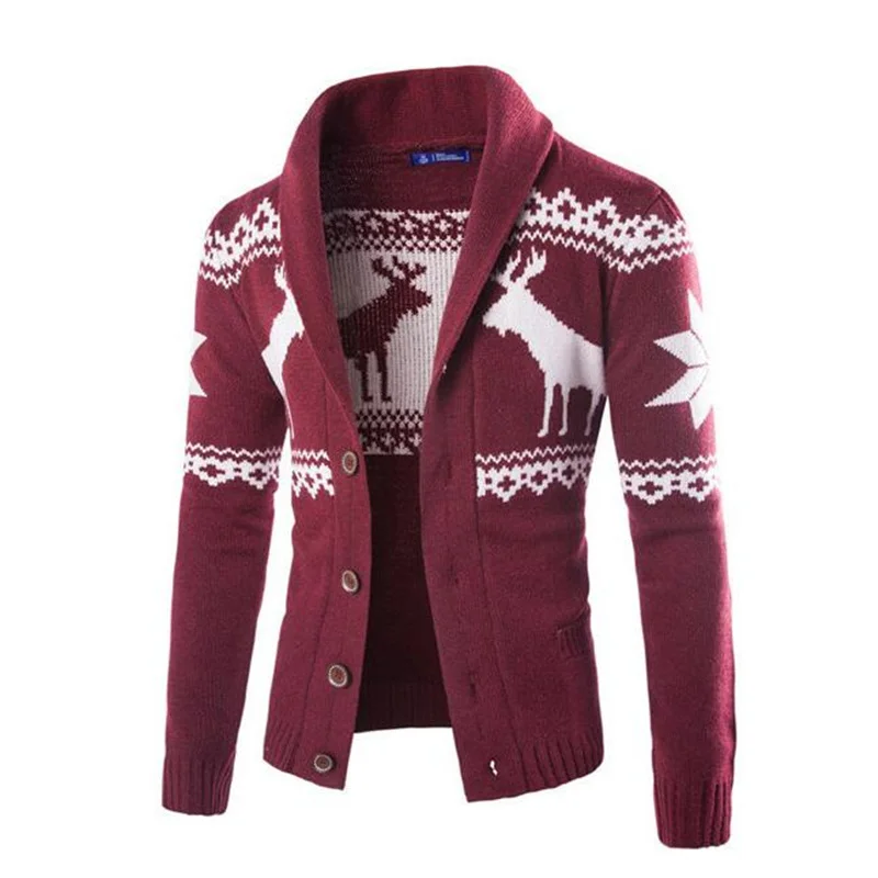 2018 осенний мужской свитер кардиган с отложным воротником рисунком оленя тонкий