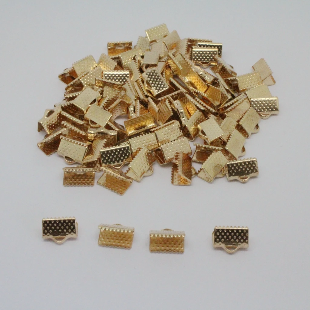 

100pcs Metal Crimp End Beads Fold Over Clasps Cord End Clips 10mm Gold