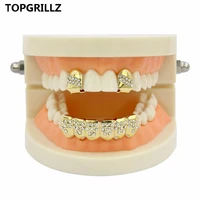 topgrillz new fit yellow gold color plated 2 single top teeth grillz cap tooth grills bottom crystalls hip hop grill