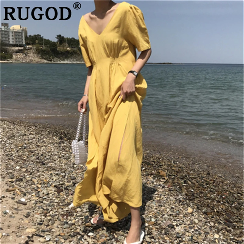 Женское платье RUGOD длинное пляжное с коротким рукавом и треугольным вырезом |