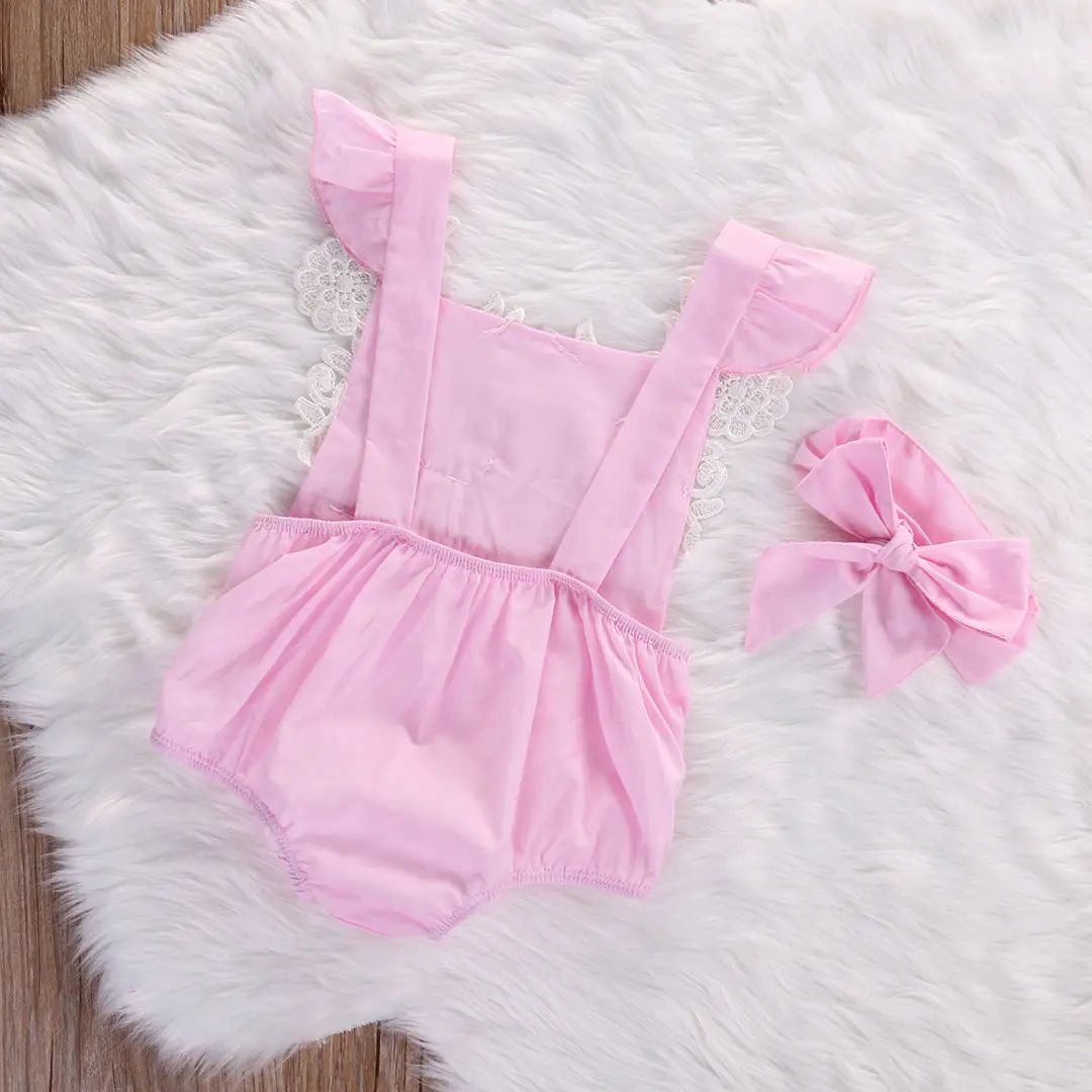 

Newborn Baby Girls Rompers Lace Sleeveless Casual O-Neck 2018 Floral Jumpsuit Headband Outfits Sunsuit