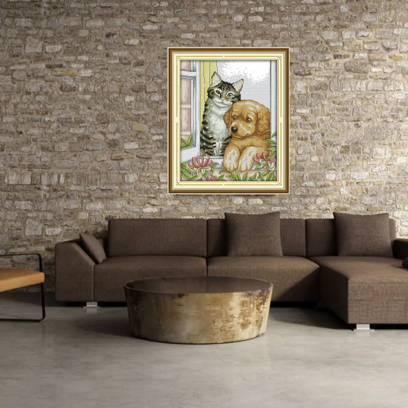 Лучшие друзья собака и кошка 11CT напечатана на китайская живопись холсте Счетный