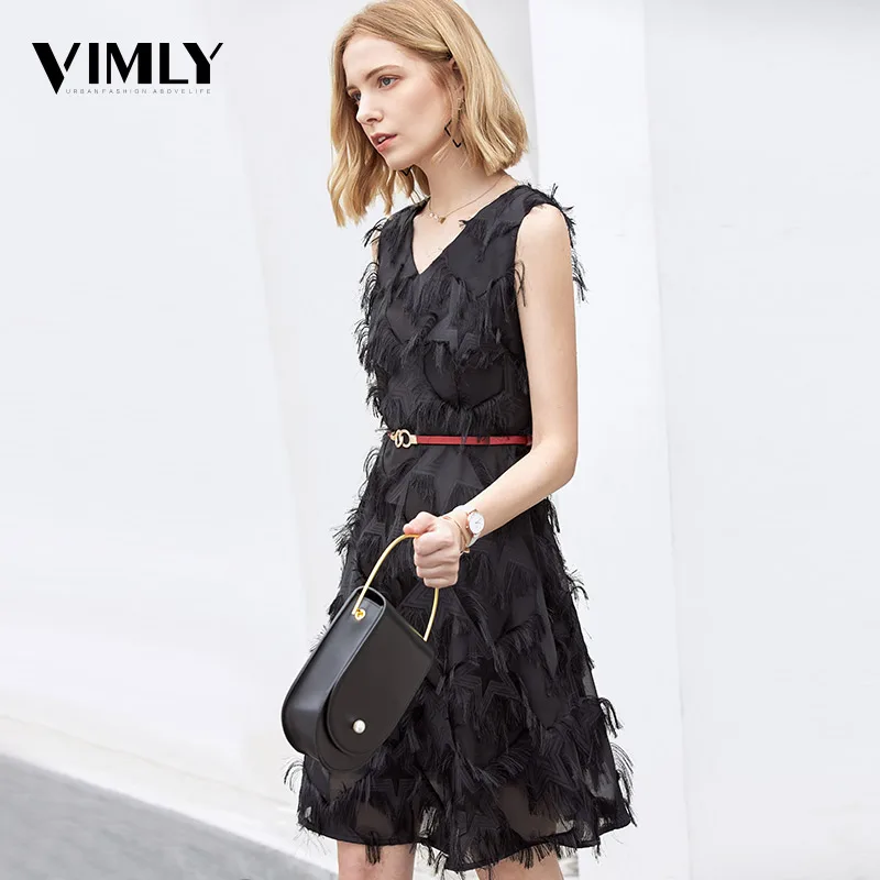 Vimly летнее подиумное платье трапециевидной формы с перьями Vestido элегантное