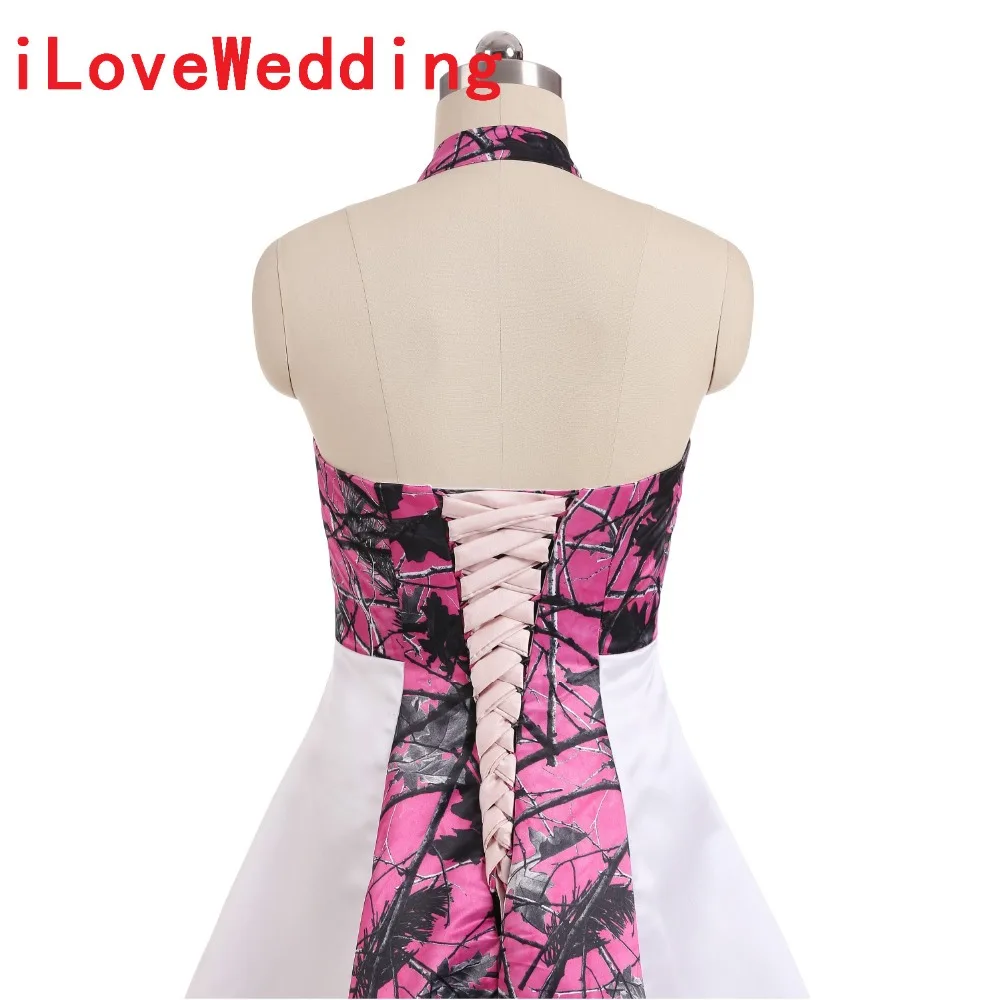 

iLoveWedding Ball Gown Rosa Red Camo Wedding Dresses Halter Sleeveless Lace Up Camouflage Appliques Bride Bridal Gowns Custom